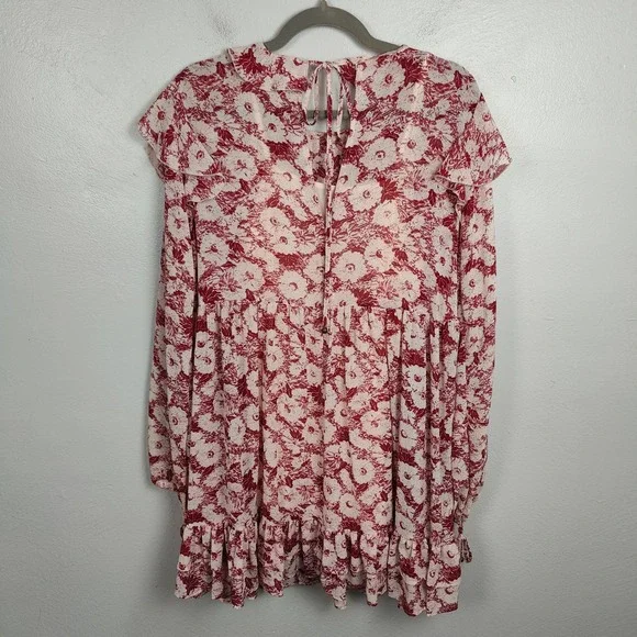 Free People These Dreams Dress Womens Medium Red White‎ Floral Mini Ruffle Trim - Picture 5 of 9